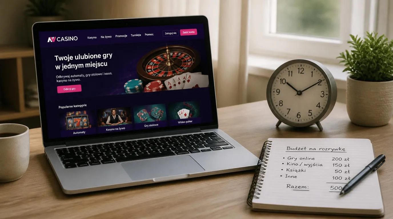 Laptop z polskojęzyczną stroną kasyna, zegar i notes z zapisanym budżetem na rozrywkę