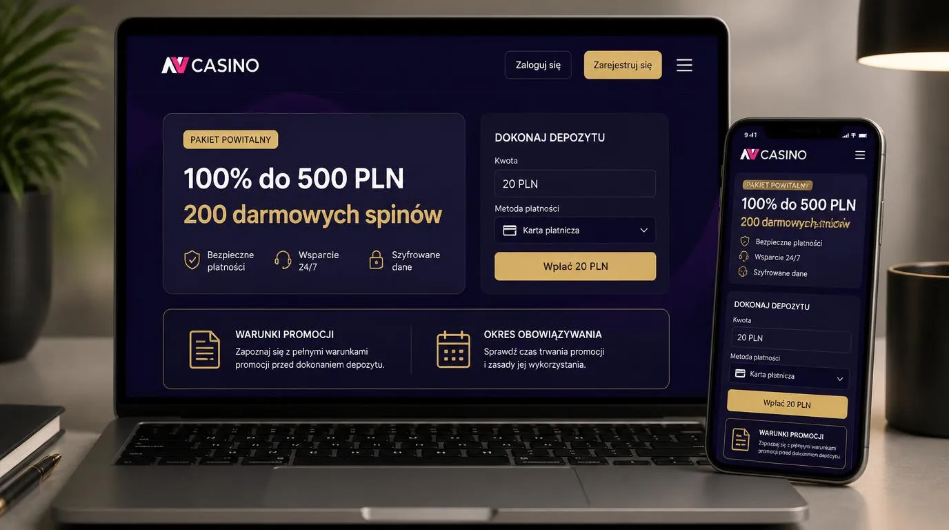 Panel bonusu powitalnego 100% do 500 PLN i 200 darmowych spinów obok pola depozytu 20 PLN